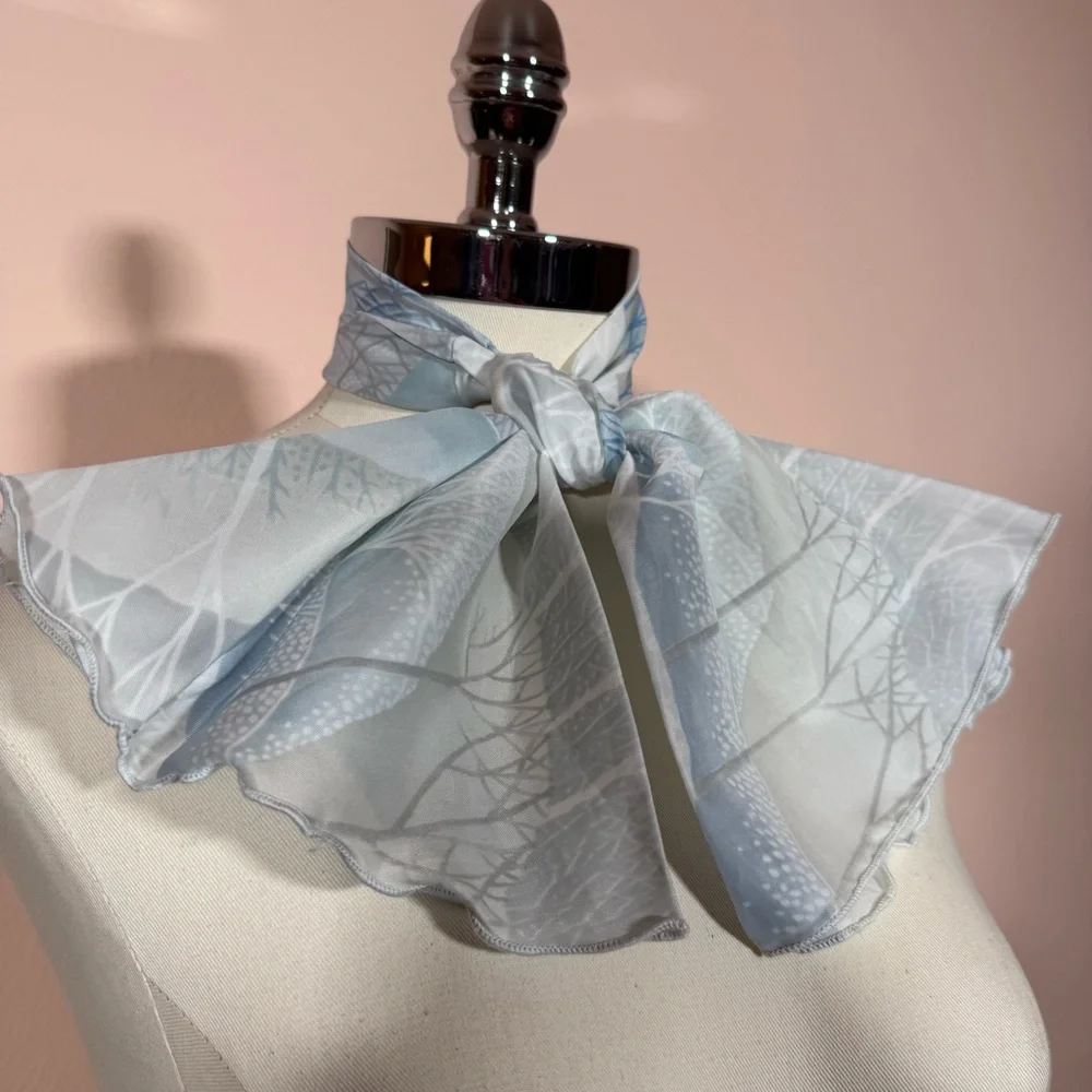 Vintage 1970’s winter tree snow Blue white polka dots Mod cravat Bow neck Scarf